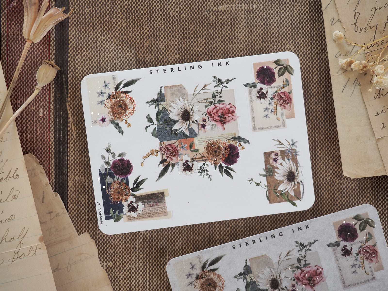 Autumn botanical corner stickers featuring rich floral arrangements, deep burgundy roses, and natural fall foliage accents by Sterling Ink.