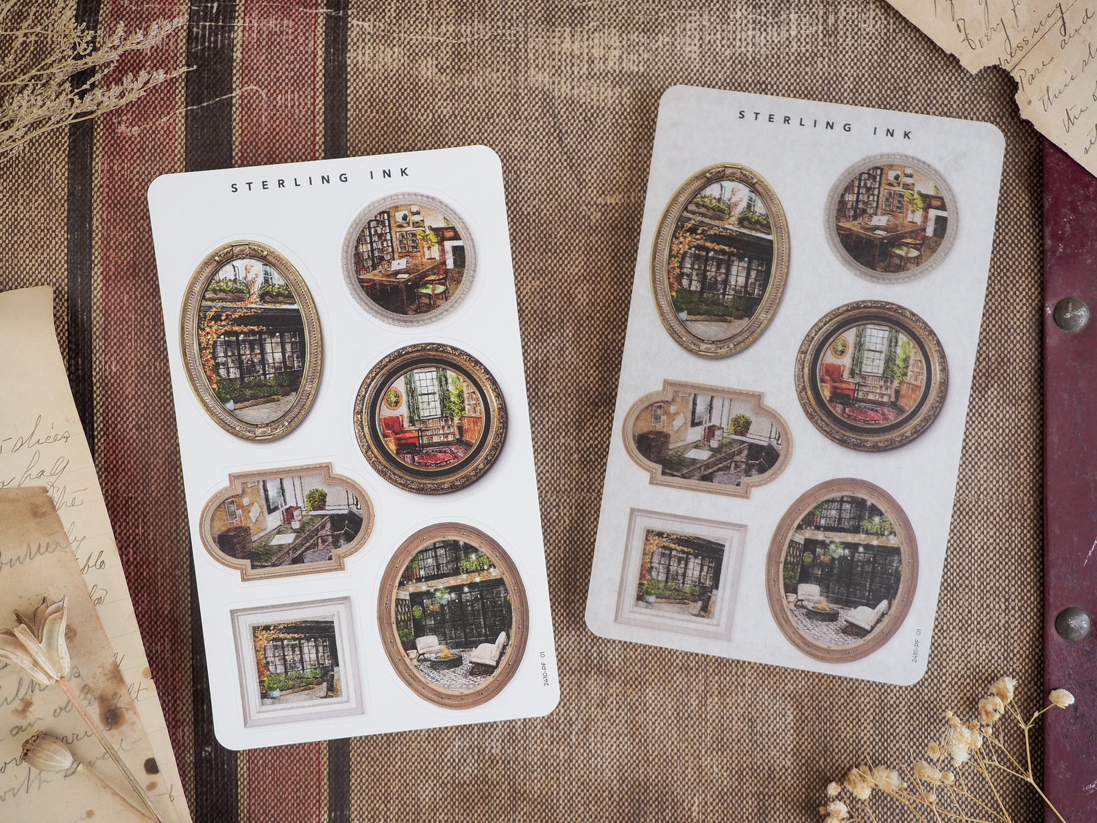 Decorative scrapbook stickers featuring assorted vintage brown frames filled with cozy, autumnal indoor scenes.
