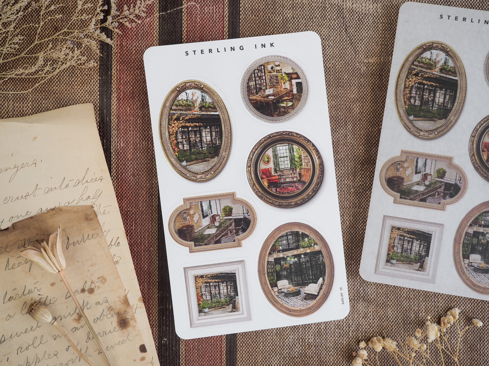 Assortment of die-cut picture frame stickers featuring sepia-toned, cozy interior scenes perfect for seasonal October journaling and scrapbooking.