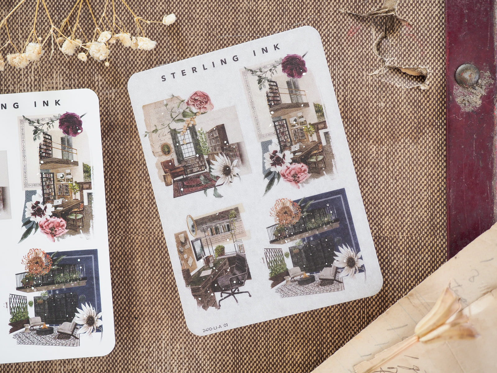 Detailed sticker sheet featuring romantic illustrations of Parisian-style balconies, floral gardens, and charming townhouses in a vintage, architectural style.