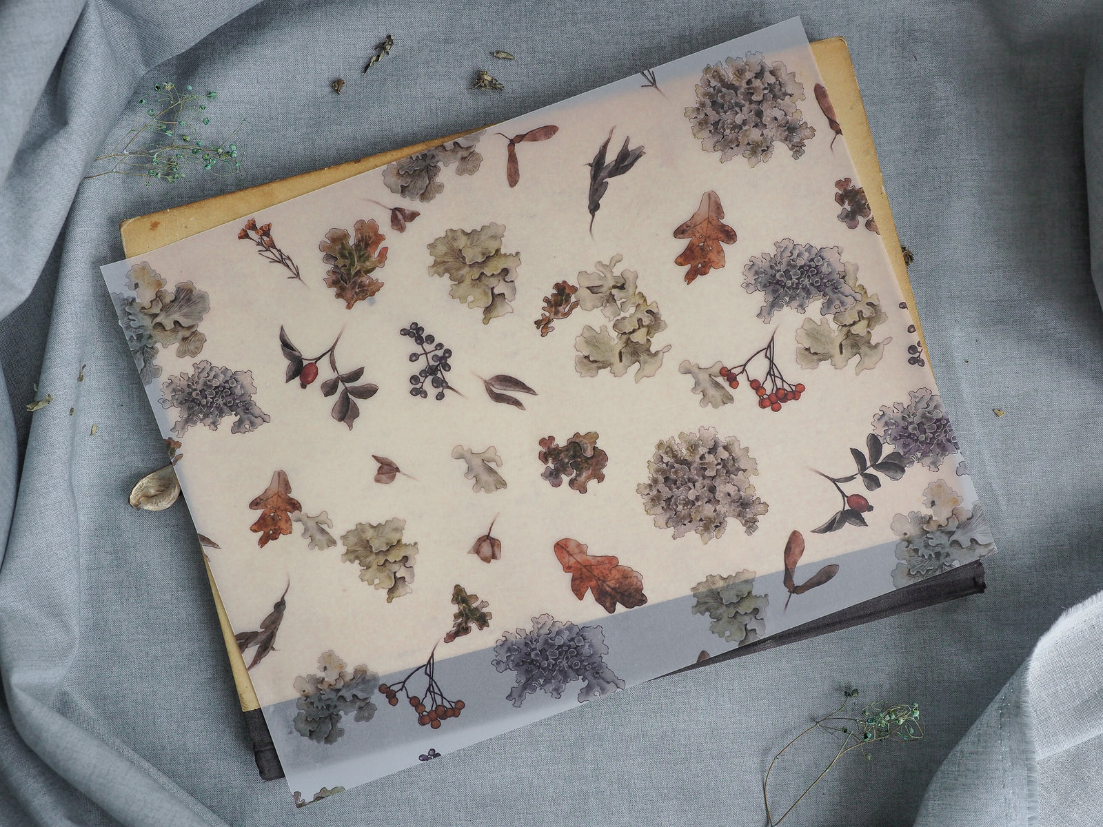 Planner cover decorated with a delicate pattern of seasonal fall foliage, scattered berries, and muted autumnal leaves in rich earthy tones.
