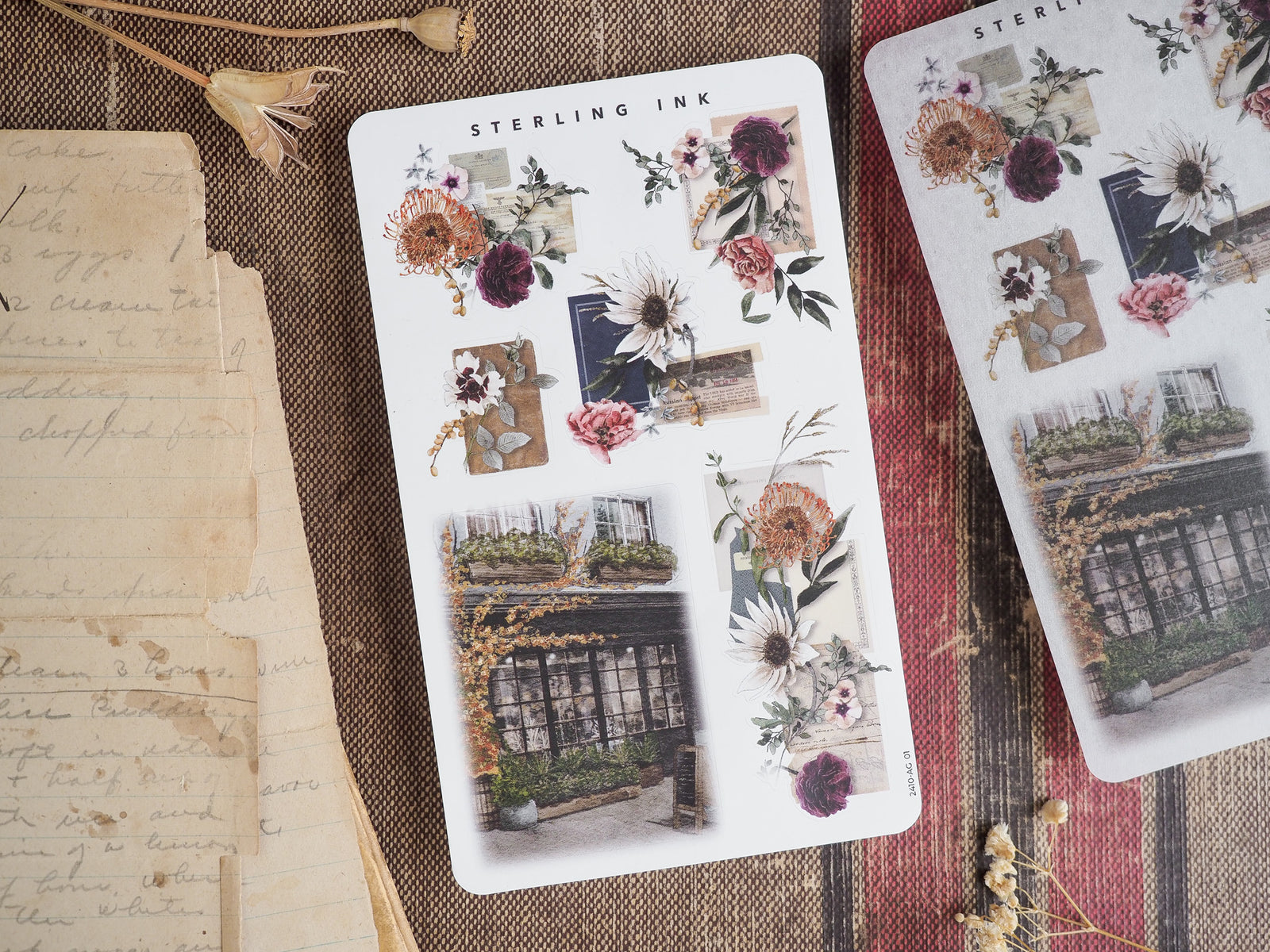 Autumn-themed sticker sheets featuring rich arrangements of deep-toned flowers, sunflowers, and vintage fall house vignettes perfect for October crafting and journaling.