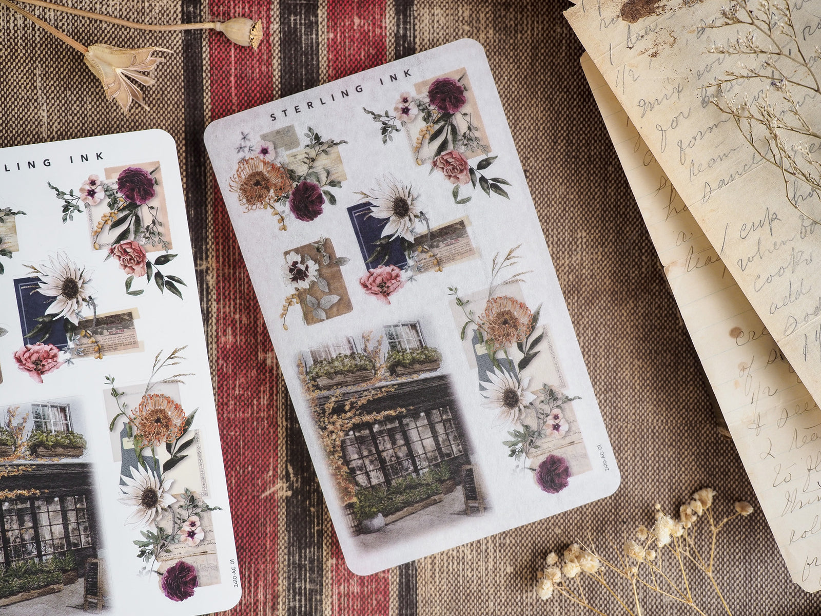 Decorative sticker sheet of autumn floral arrangements featuring dried blooms, rich fall colors, and rustic window accents for October scrapbooking.