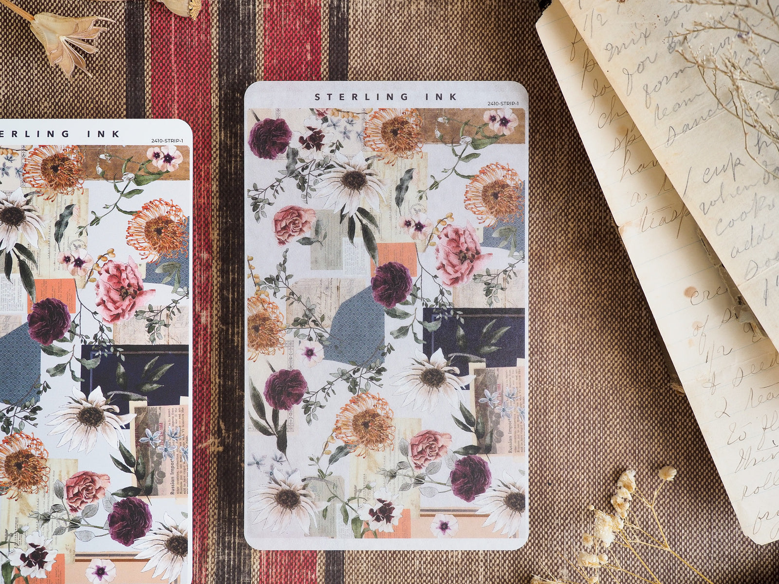 Decorative strip stickers featuring a rich, vintage botanical pattern, combining deep burgundy and blush floral watercolors on textured, aged paper.