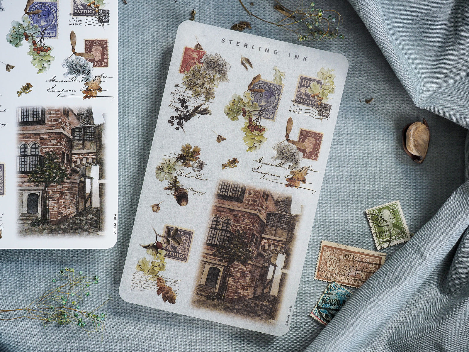 Collage of vintage travel stickers featuring sepia-toned European architecture, historic stamps, and nostalgic postcard designs from October 2023.