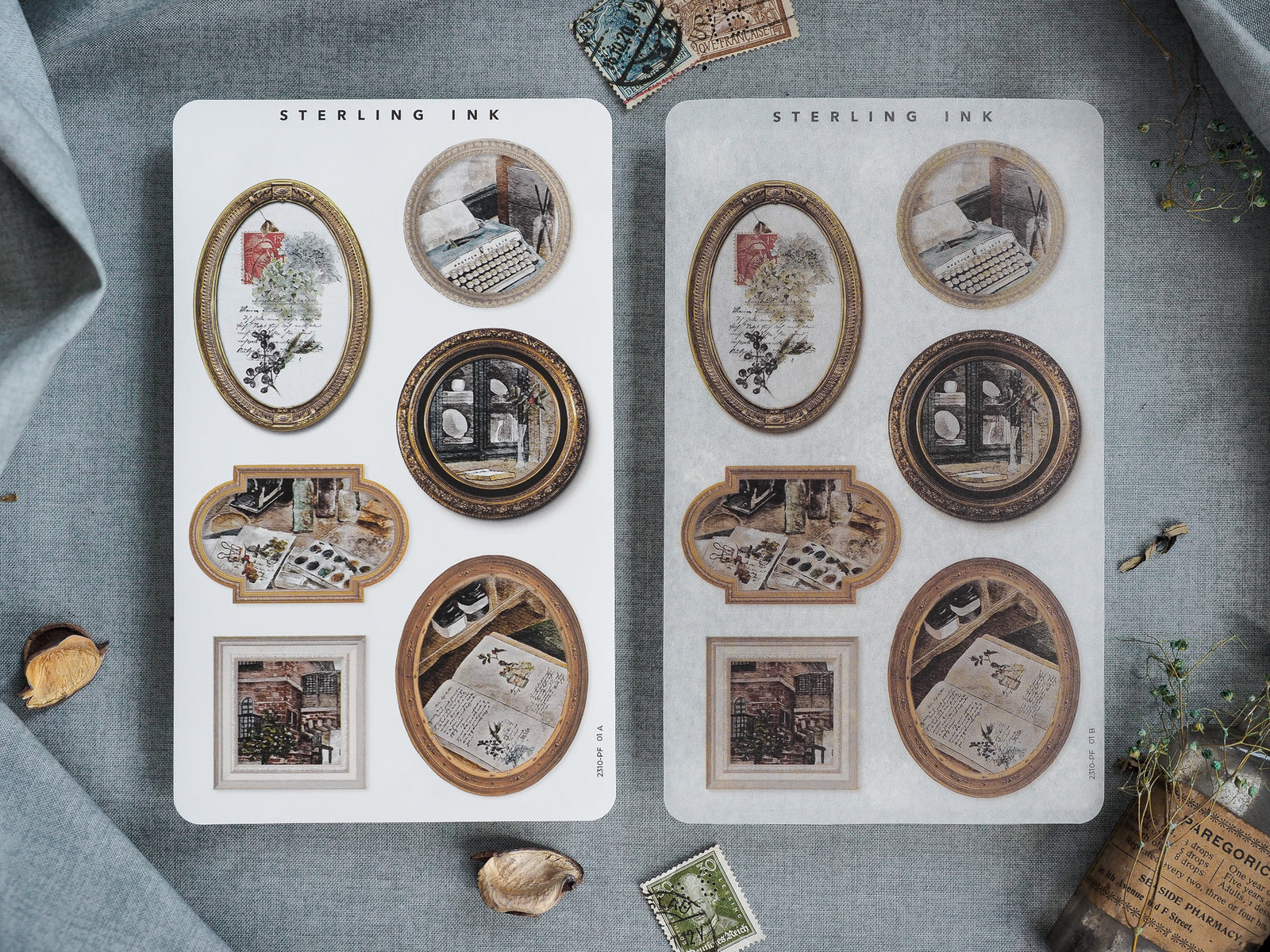 Vintage 'Picture Frame Stickers' sheets featuring a collection of sepia-toned, antique-styled die-cuts of architecture, book pages, and ornate frames.