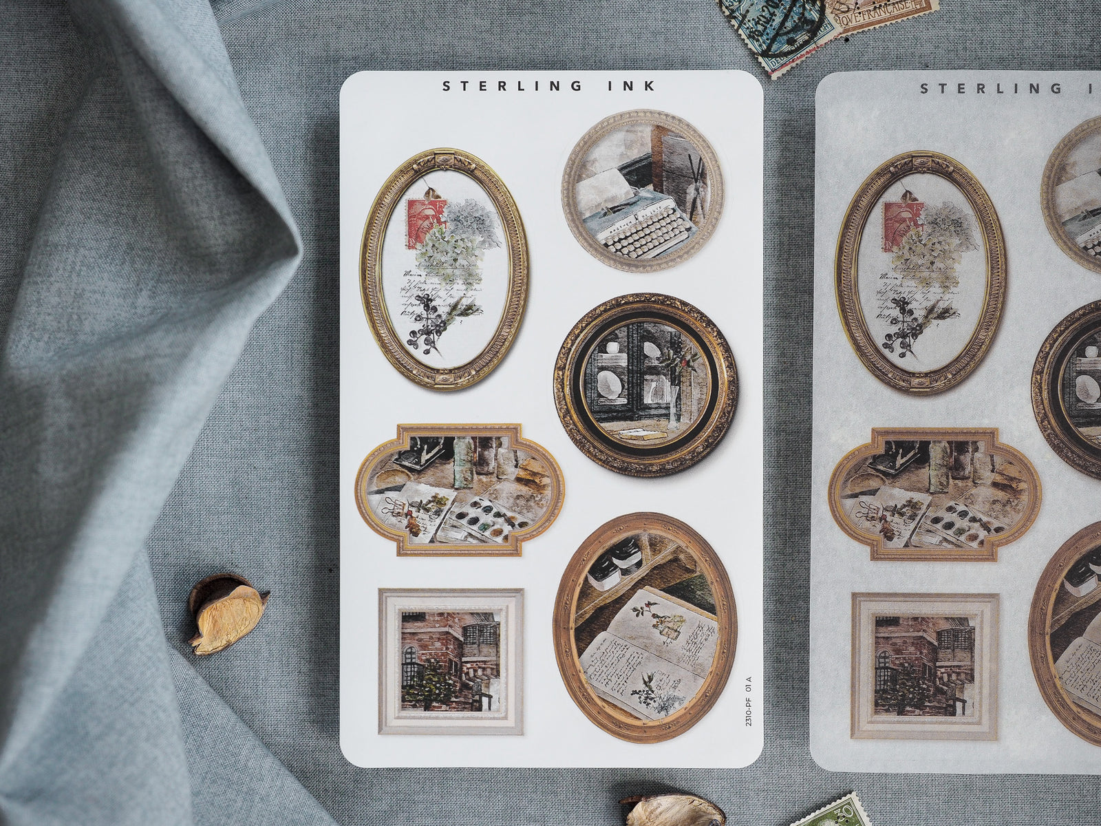 Vintage picture frame stickers featuring sepia-toned architectural scenes, floral vignettes, and nostalgic collage elements for October journaling.