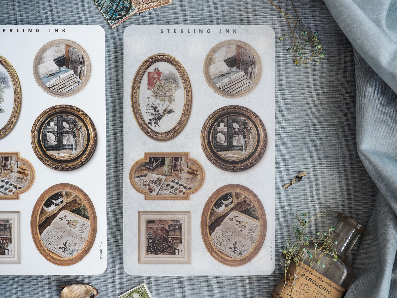 A set of vintage sepia-toned picture frame stickers featuring distressed borders, nostalgic architectural scenes, and ornate graphic elements.