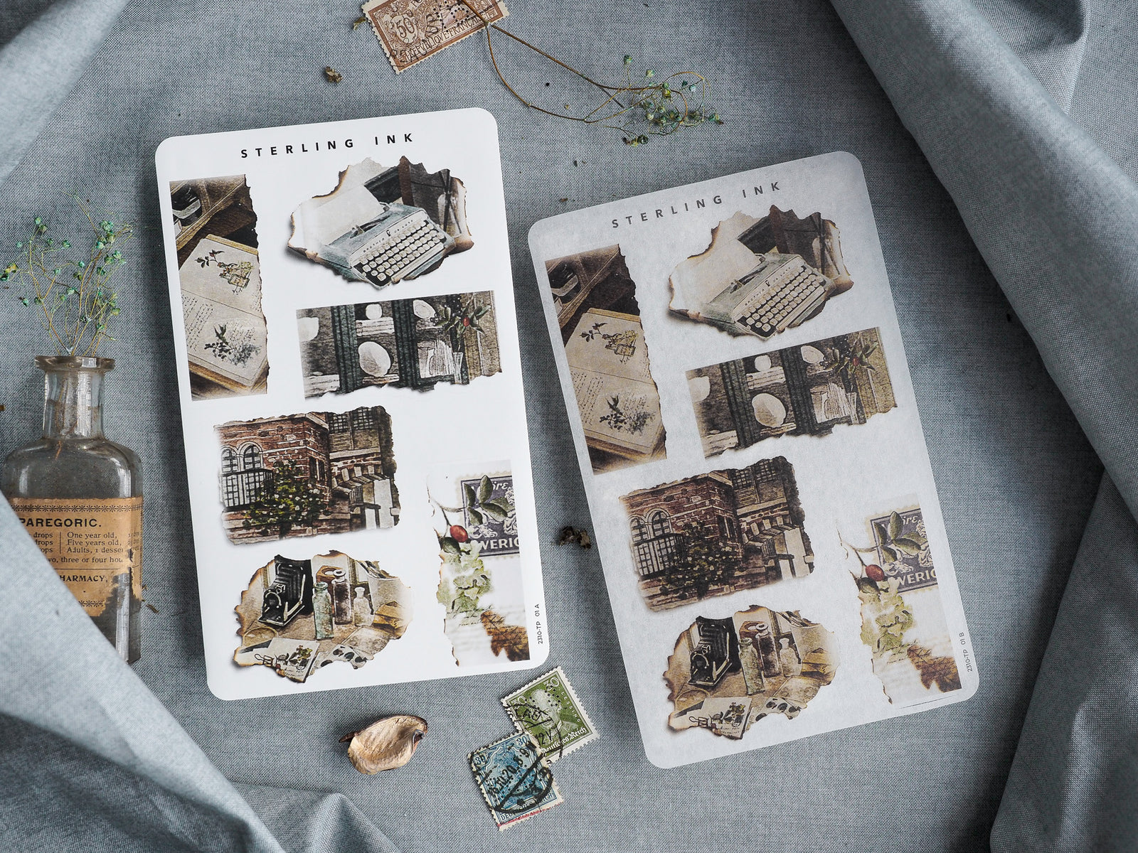 A pair of vintage-themed sticker sheets featuring distressed, aged, and torn paper illustrations of old architecture and historical documents.