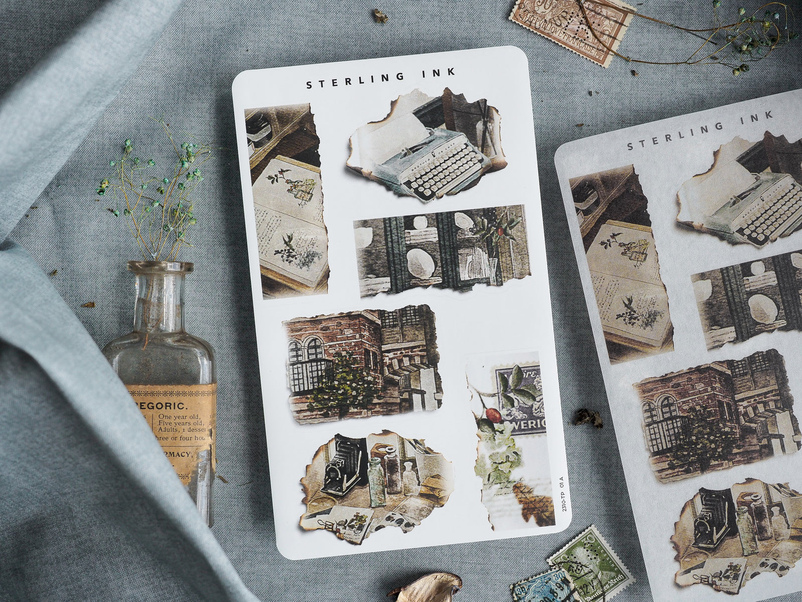 Vintage torn paper stickers featuring sepia-toned autumn themes, aged scrapbook scraps, distressed architectural details, and fall-inspired nostalgic elements.