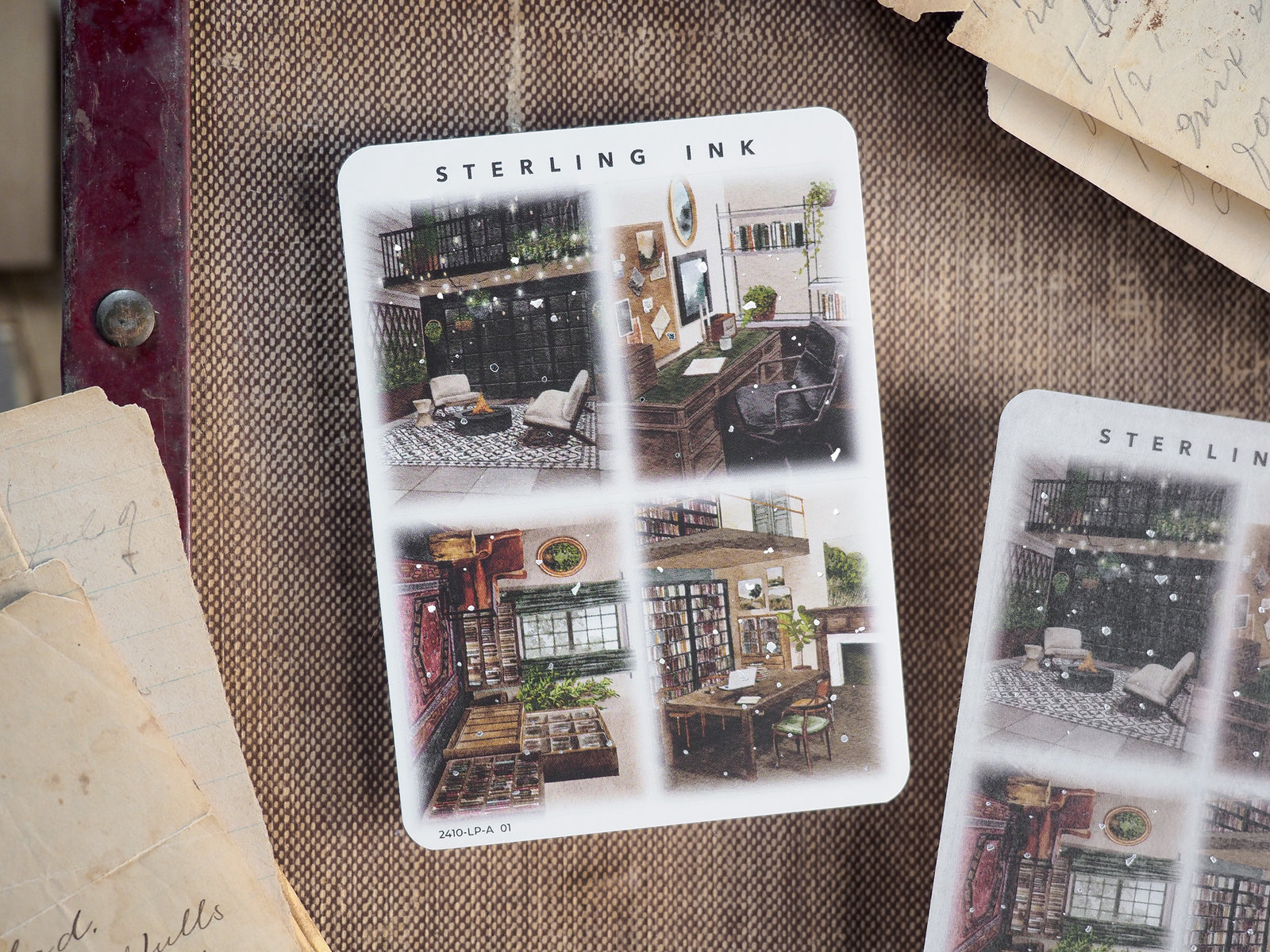 Vintage-themed sticker sheet featuring detailed, sepia-toned illustrations of cozy architectural vignettes, combining rustic interiors and charming outdoor scenes.