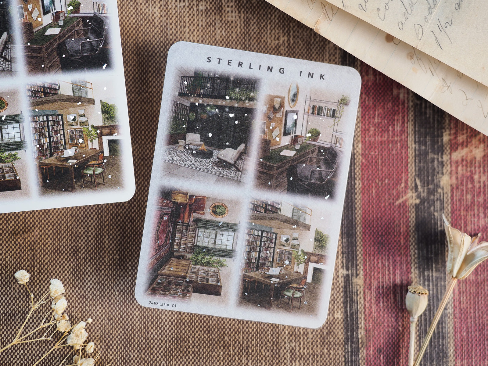Vintage sticker sheet featuring detailed illustrations of cozy Parisian apartment interiors, window views, and antique furniture.