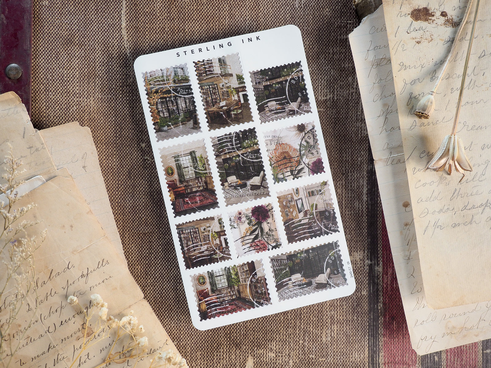 Collection of 12 rustic stickers depicting detailed, seasonal streetscapes and old-world architecture for fall journaling.