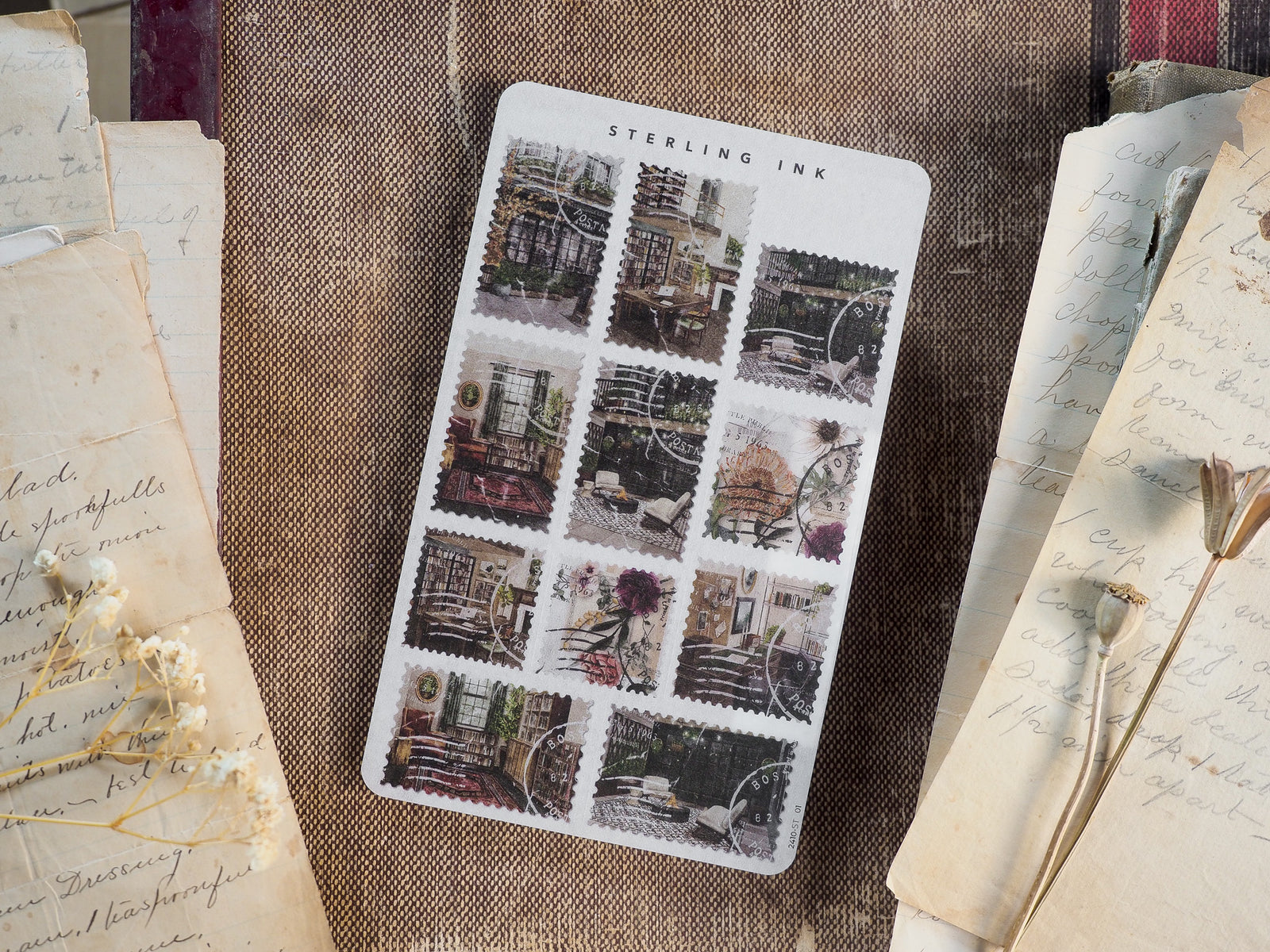 A grid sticker sheet featuring sepia-toned vintage architectural scenes and detailed street photography from October 2024.