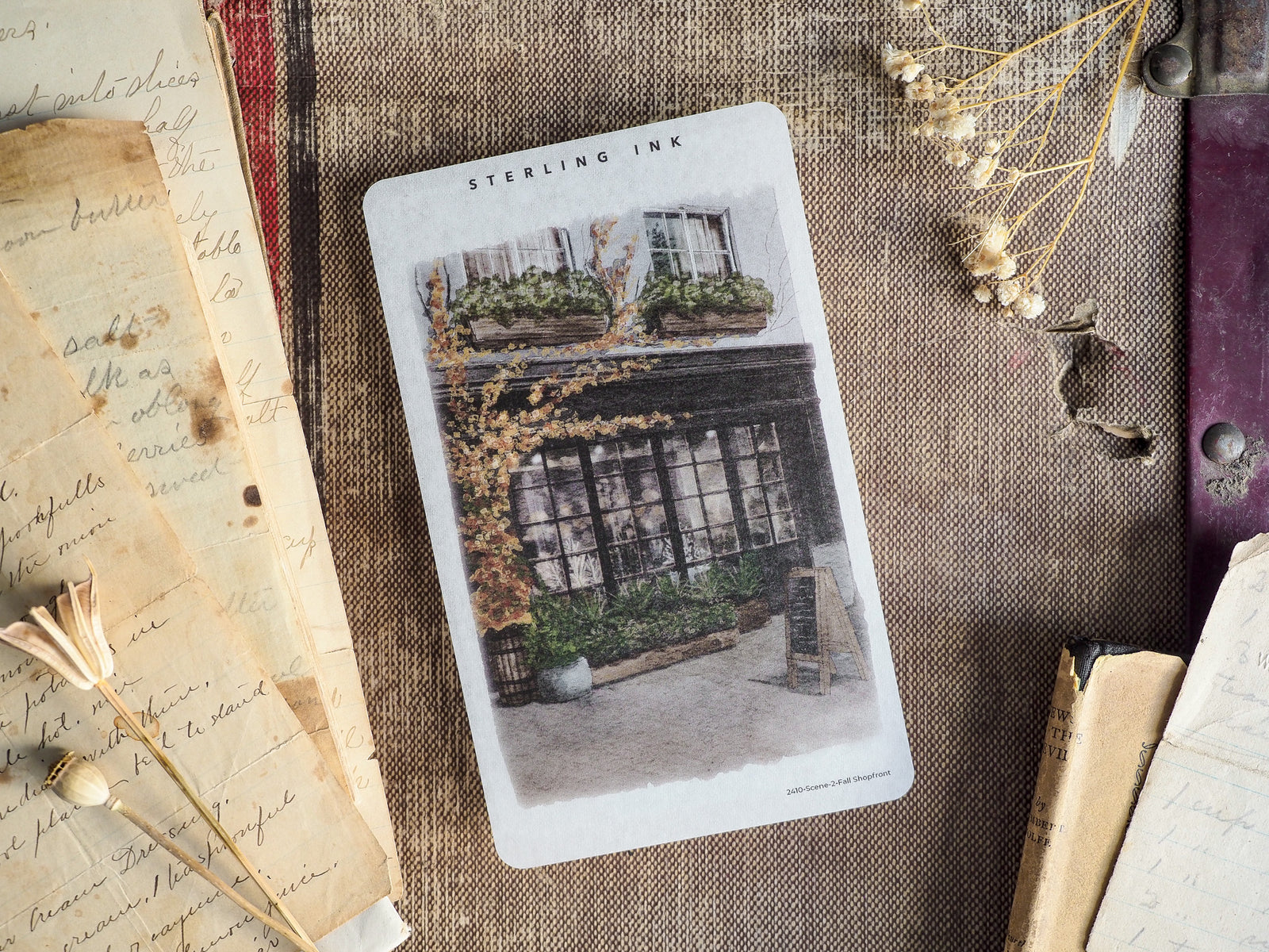 Vintage October scene depicting a cozy autumnal shopfront window adorned with fall wreaths, gourds, and seasonal mums.