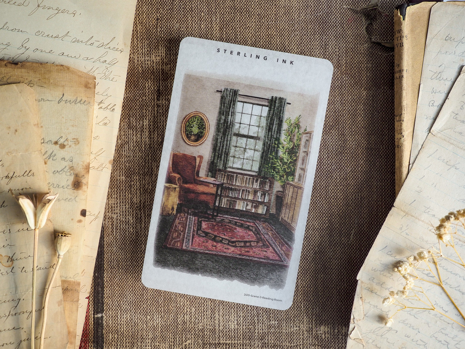Vintage, detailed sticker illustration of a cozy reading room, featuring floor-to-ceiling bookshelves, a window, and deep academic tones.