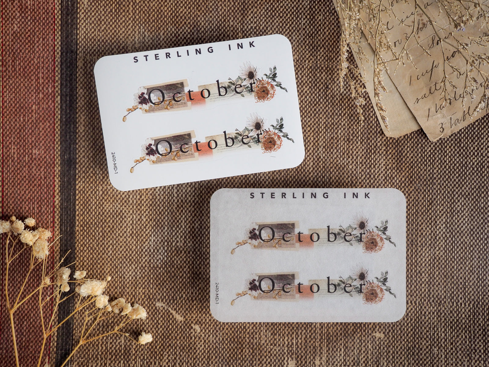 Autumn-themed October month stickers featuring the word "October" and rustic dried floral accents in muted earthy tones for planners and journals.