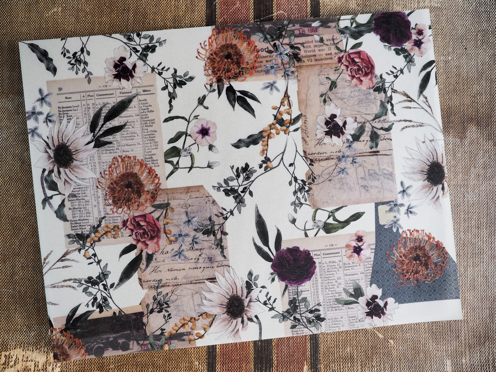 Vintage botanical collage sheet featuring pressed flowers, faded documents, and autumnal motifs perfect for October 2024 scrapbooking and journaling.