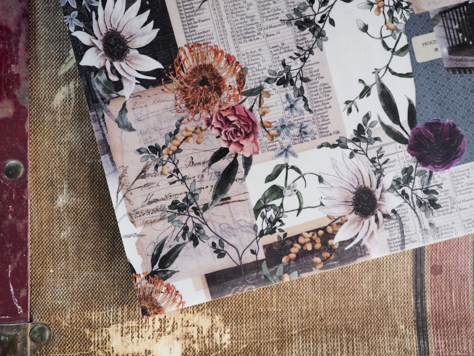 Botanical planner pages for October 2024 featuring a vintage collage design with sepia-toned aged texts, calendar grids, and lush watercolor flowers.