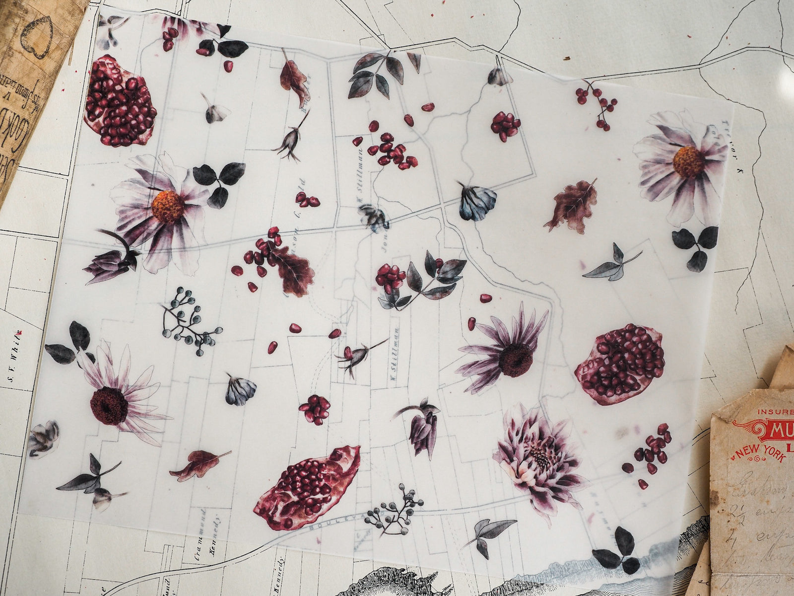 Elegant botanical watercolor sticker sheet featuring detailed arrangements of deep purple blooms, scattered dark berries, and delicate foliage on pale cream paper.