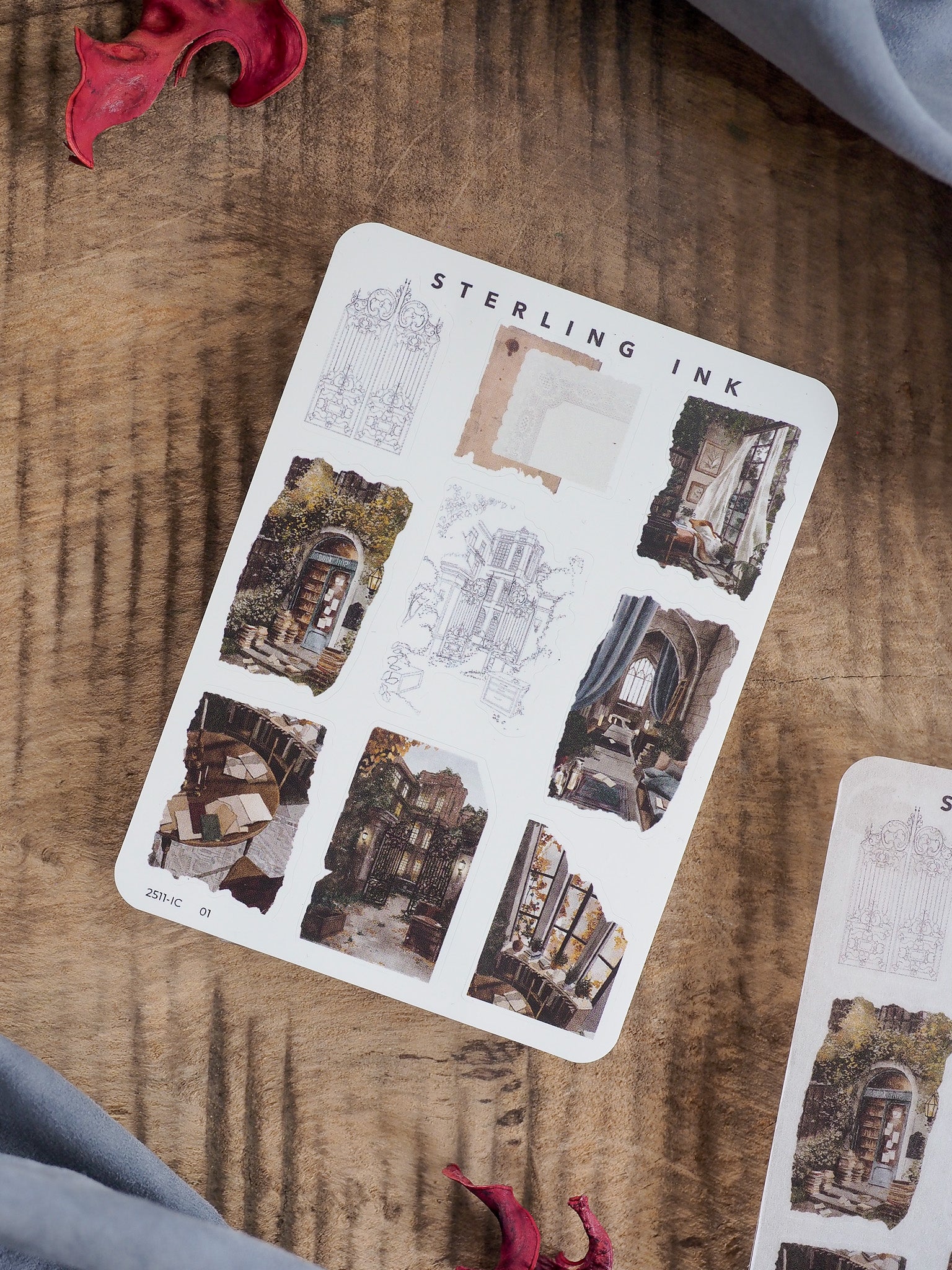 Sepia-toned sticker sheet featuring gothic architectural icons, arches, and detailed sketches of vintage European buildings, perfect for journal crafting.