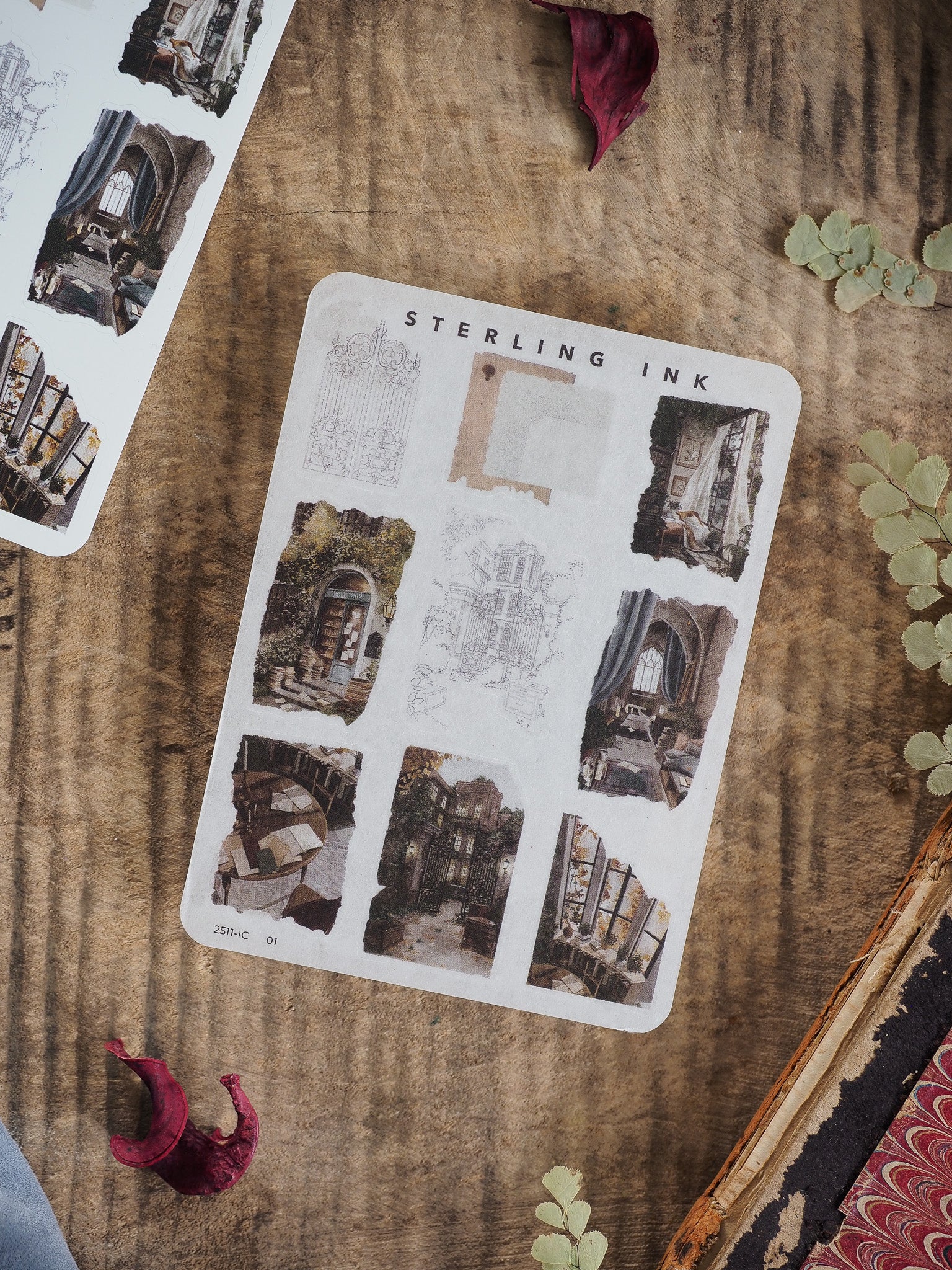 Mini sticker sheet with vintage architectural elements, featuring line art of arches, doorways, and detailed historic urban scenes in a sepia tone.