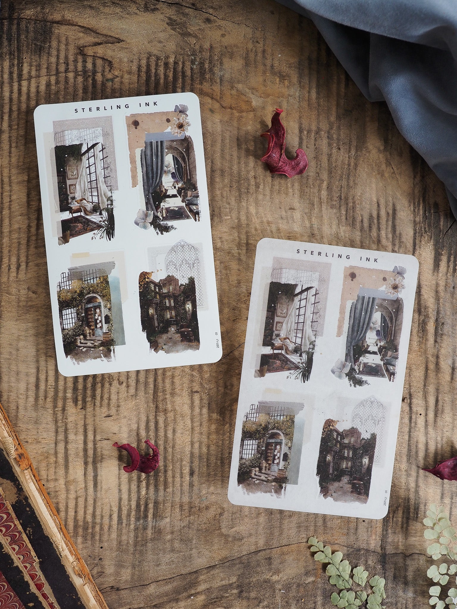 Vintage sticker sheets featuring moody, sepia-toned architectural collage elements, including ornate windows, draped curtains, and gothic interior scenes.