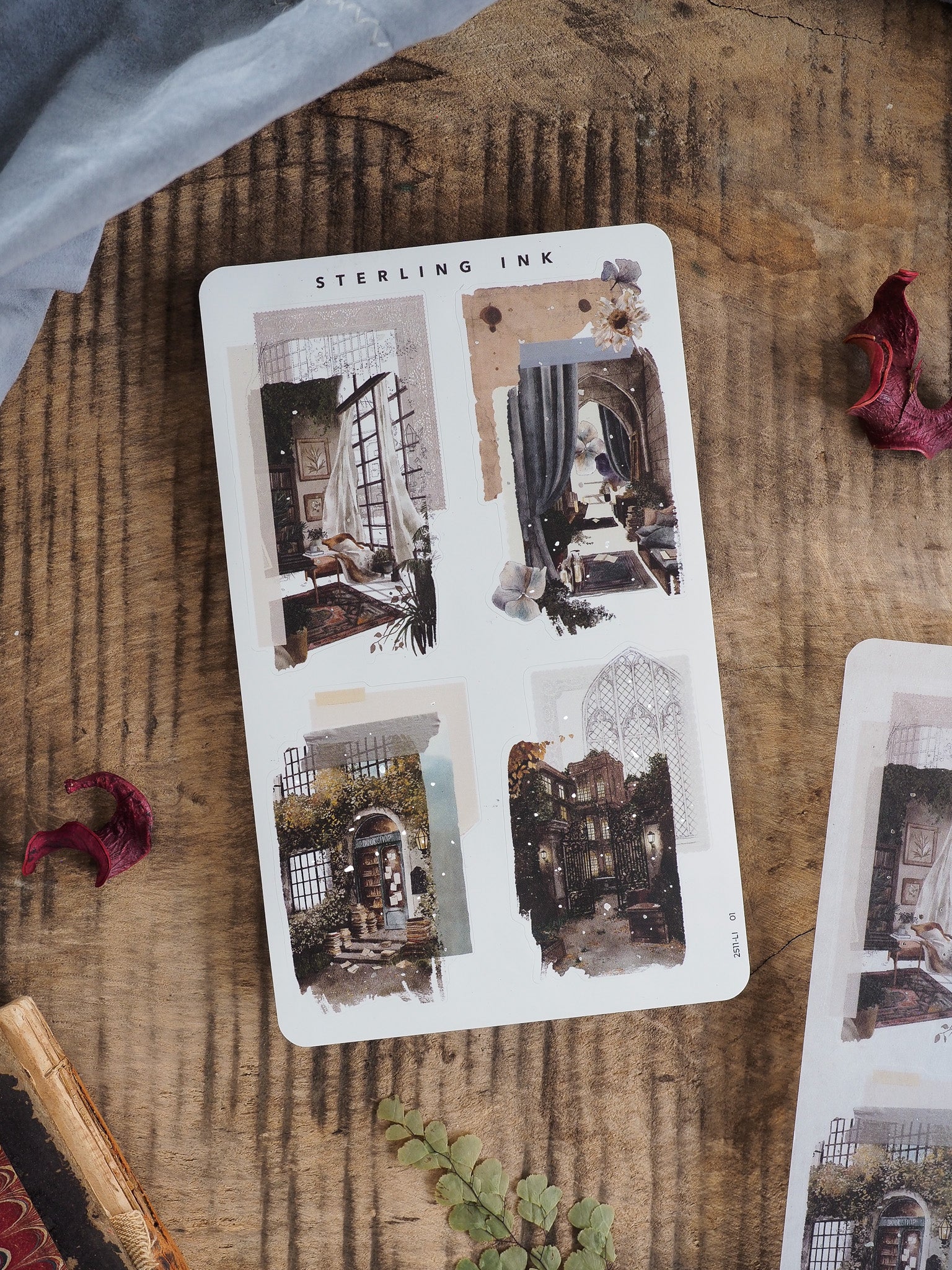 Moody, sepia-toned collage stickers featuring vintage illustrations of grand architectural scenes, elegant interiors, and detailed historical motifs for scrapbooking.