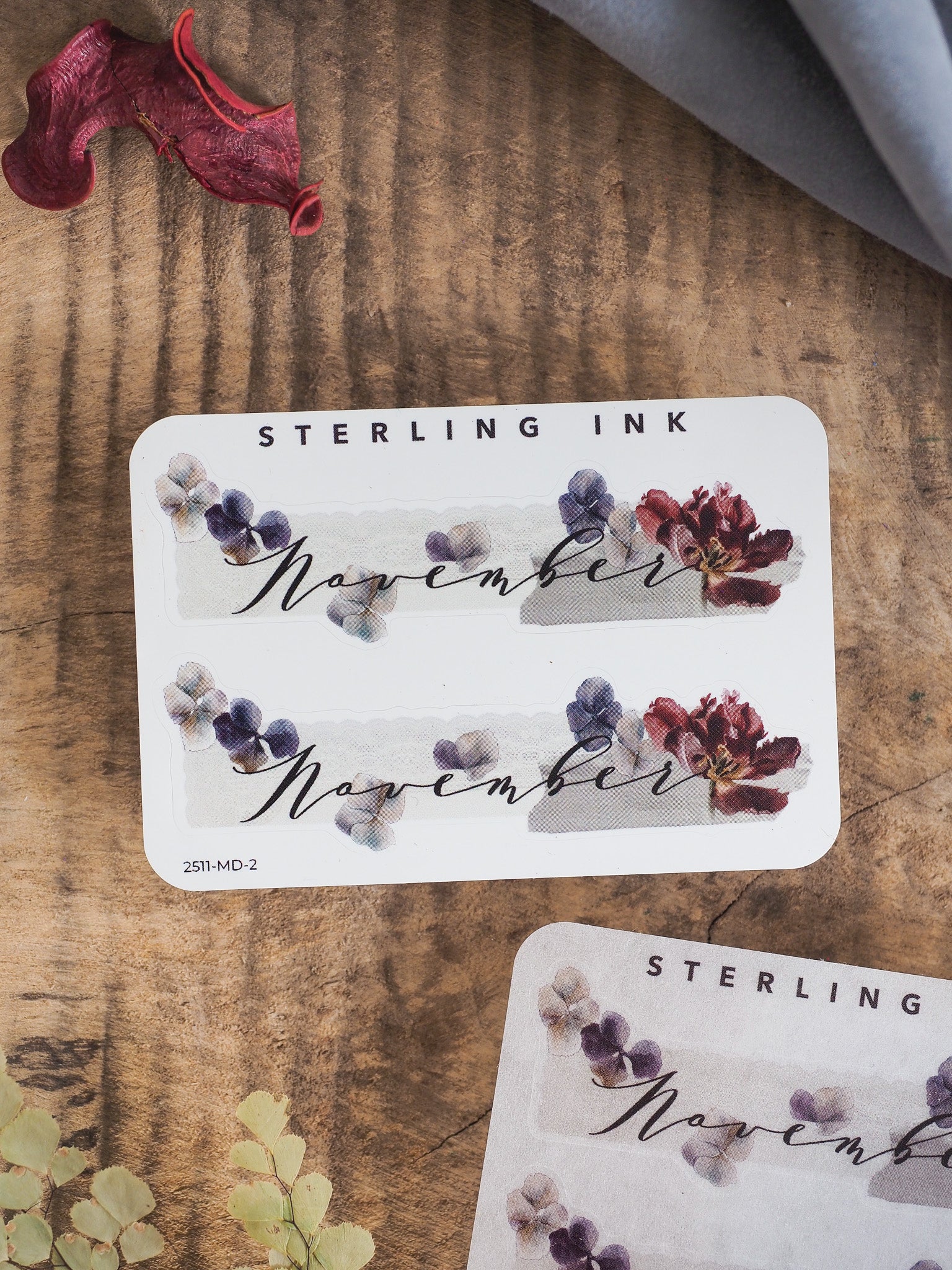 Elegant November month sticker featuring the word "November" in cursive script surrounded by natural watercolor sprigs of purple and reddish dried berries.