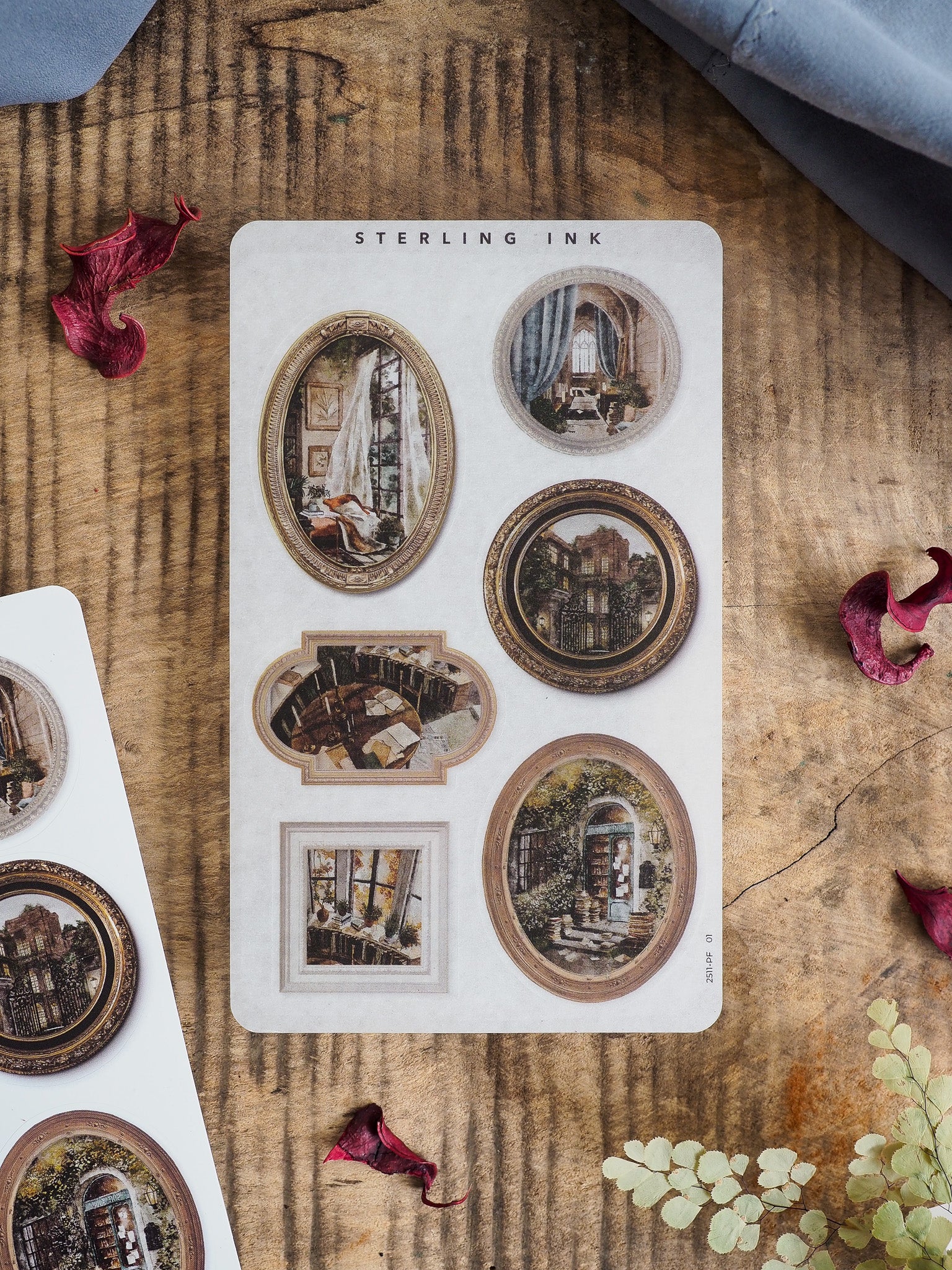 Vintage sticker sheet featuring multiple sepia-toned picture frames with detailed architectural and nostalgic indoor scenes, ideal for scrapbooking or journaling.