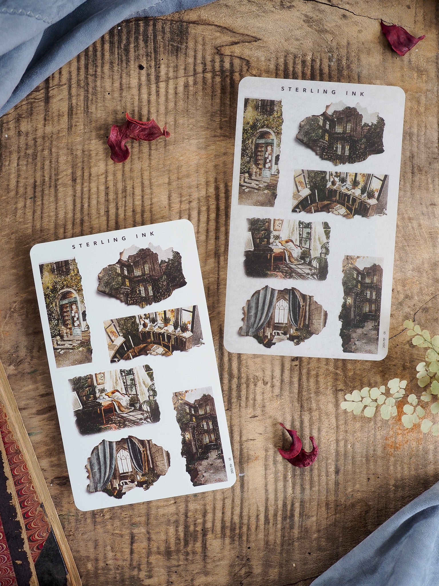 Distressed torn paper stickers featuring moody, antique sketches of decaying vintage architecture, perfect for adding a gothic, aged touch to scrapbooks.