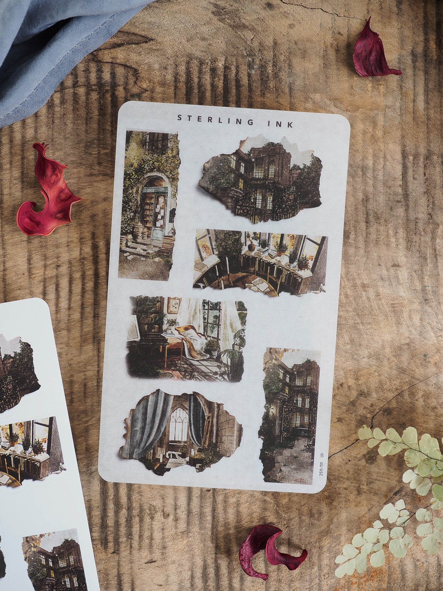 Vintage sterling ink stickers featuring distressed, torn paper vignettes of architectural details and moody, historic building scenes.
