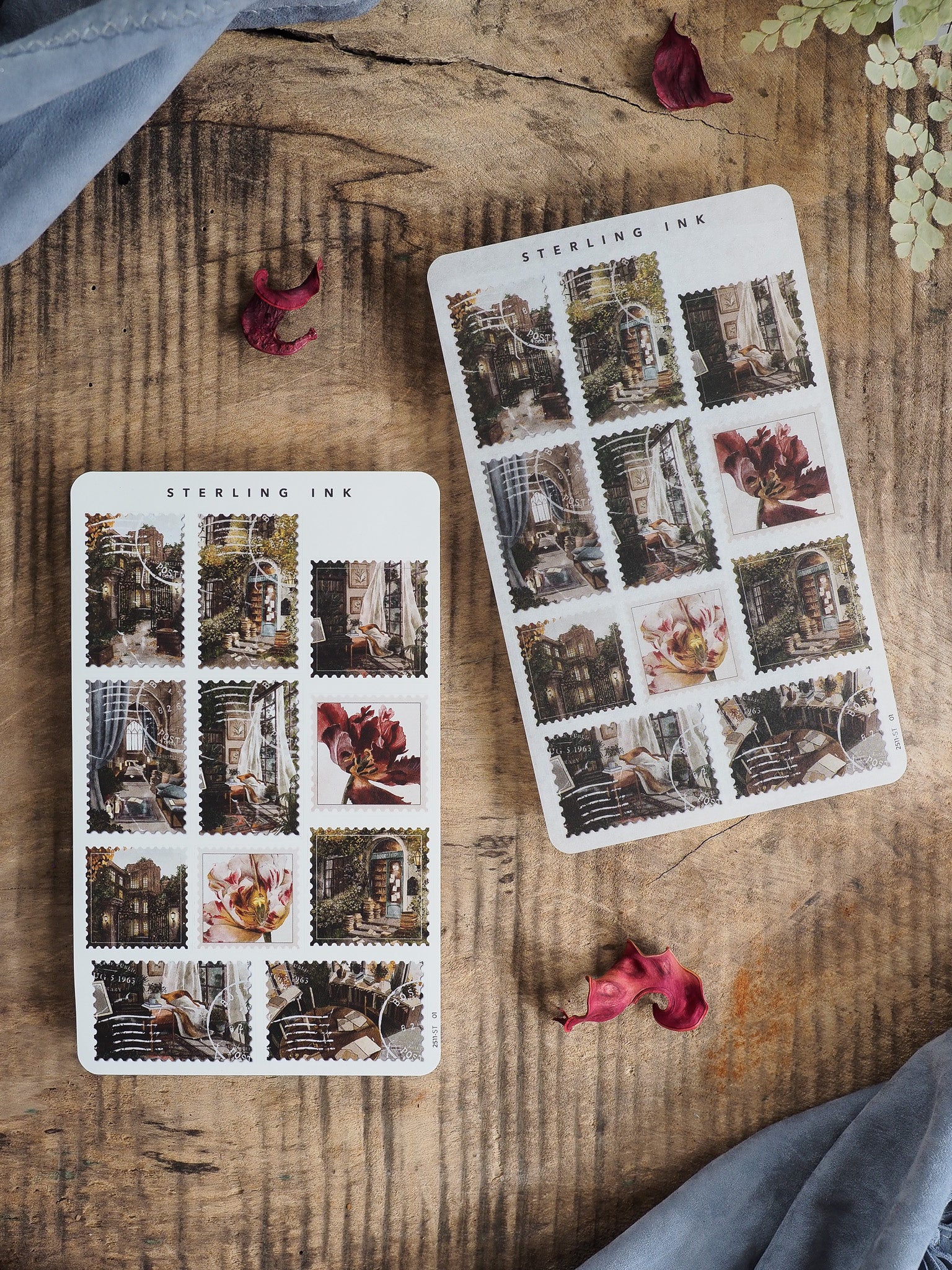 Detailed sticker sheets featuring vintage, sepia-toned illustrations of grand architecture, autumnal foliage, and seasonal decorative motifs for crafting.