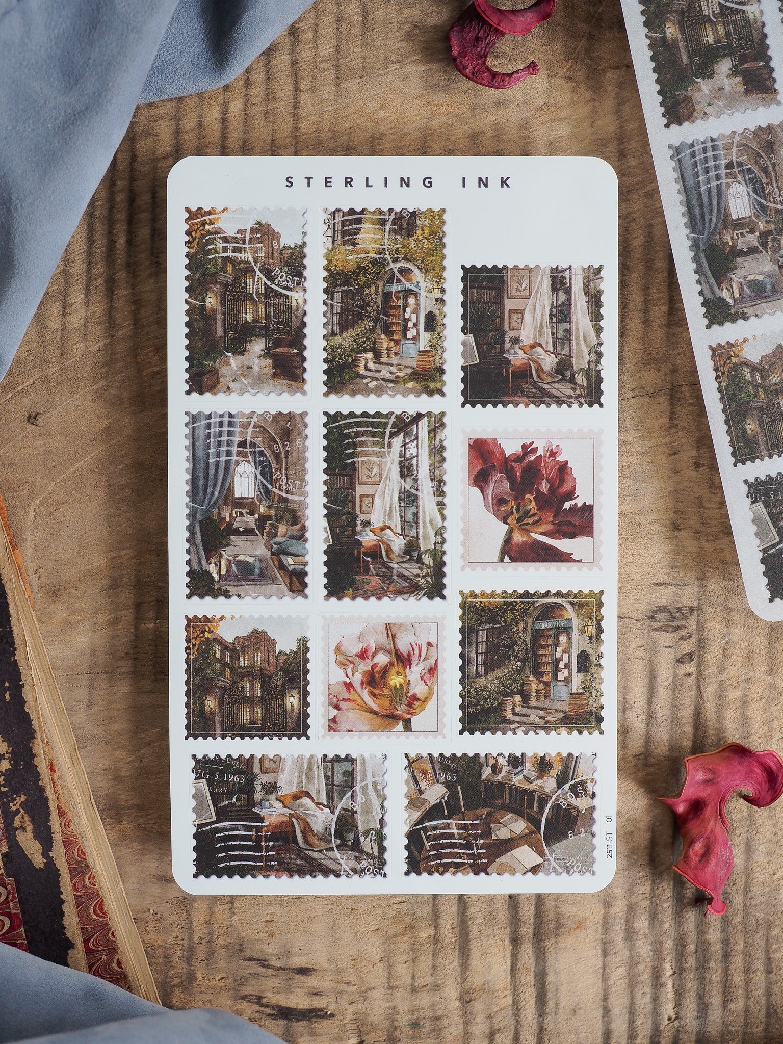Antique sticker sheet featuring a mix of sepia-toned ornate architecture, gothic street scenes, and delicate, dramatic botanical prints.