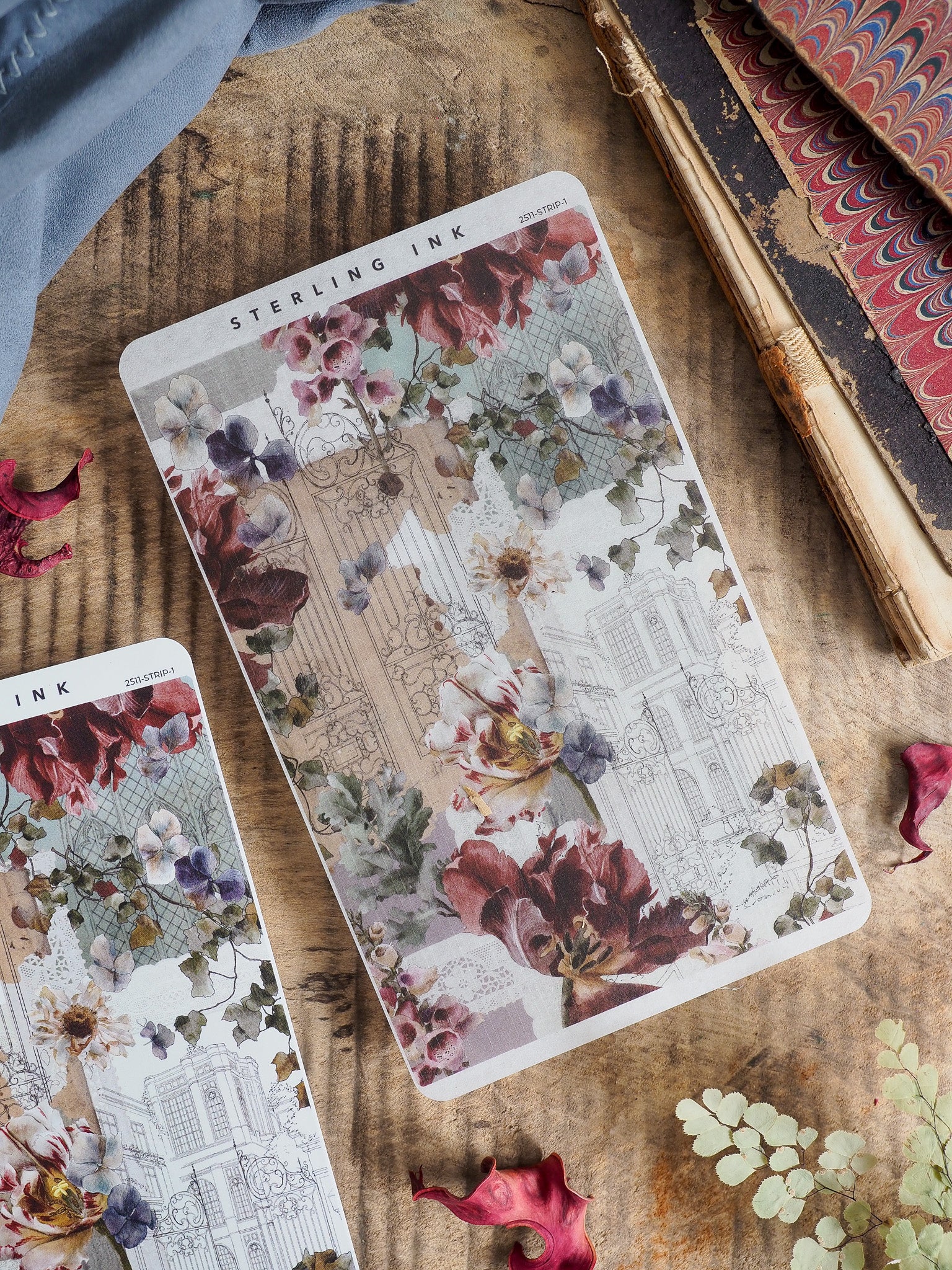 Seasonal thin strip stickers for November 2025, blending deep blush flowers and rich foliage patterns with vintage architectural line art.