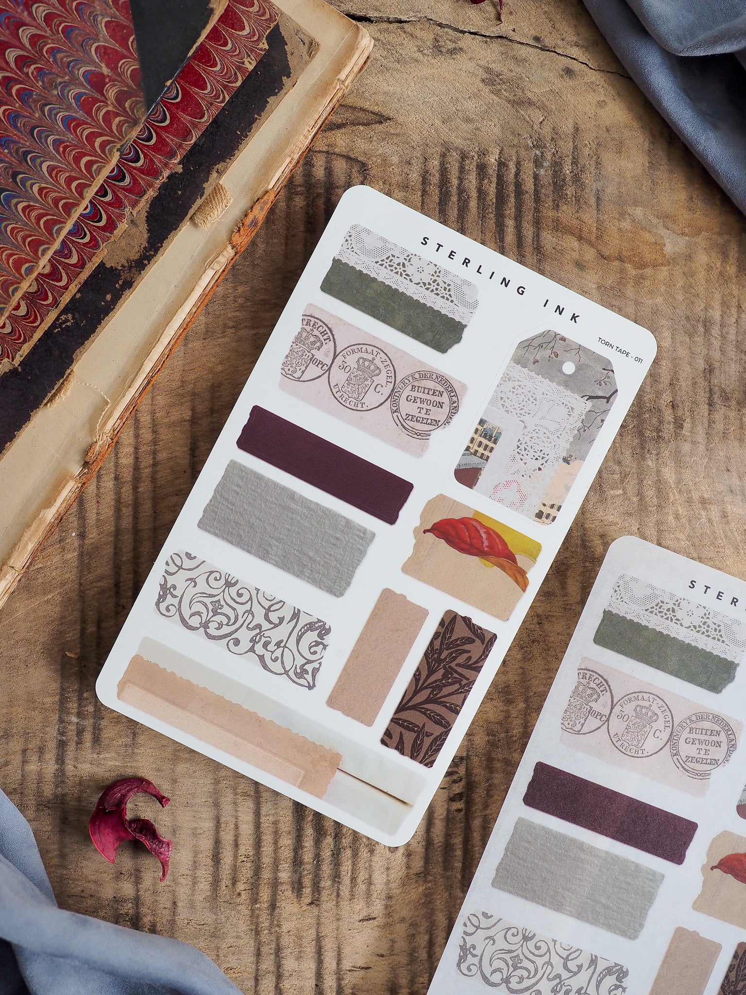 November 2025 torn tape stickers set featuring diverse patterns like distressed stamps, solid color strips, ornate scrollwork, and themed label designs.