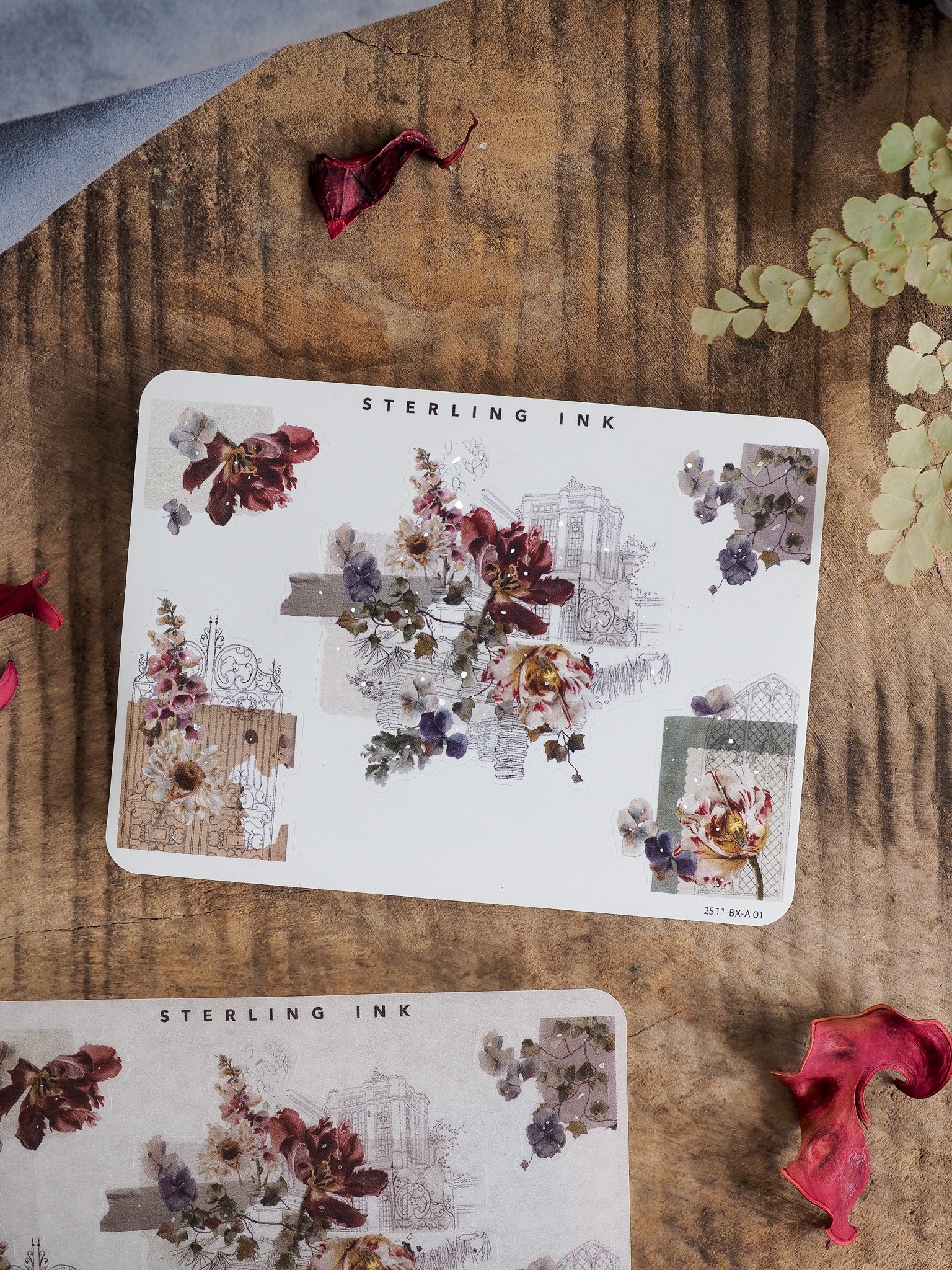 Decorative sticker sheet featuring elegant, muted floral clusters, deep red roses, and architectural corner designs in earthy, natural tones.