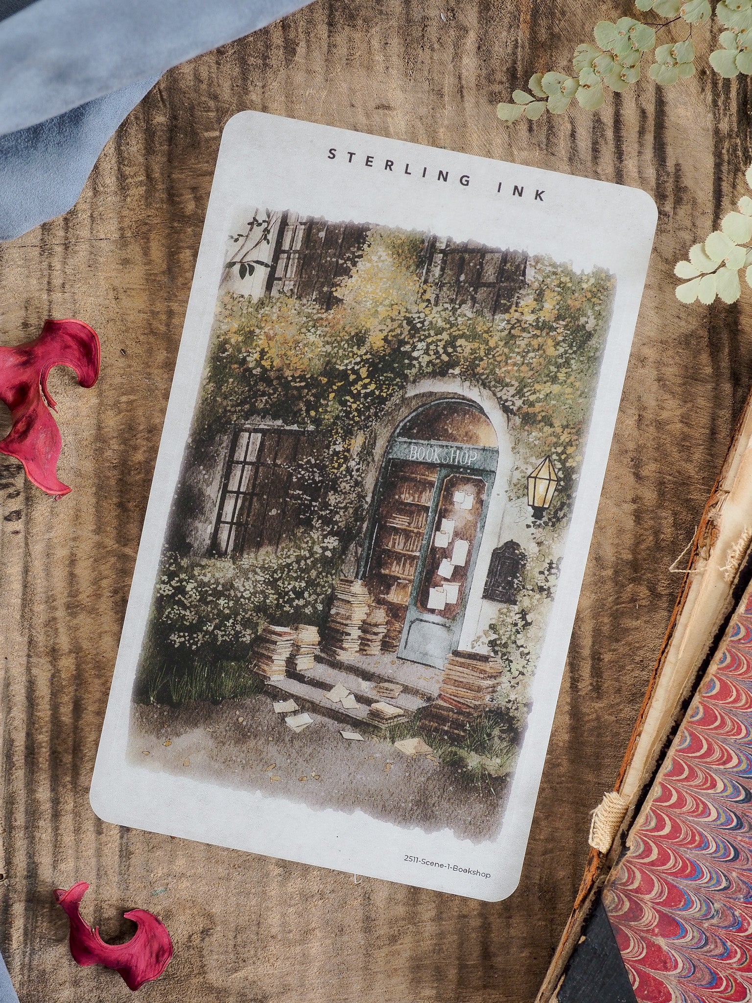 A detailed sticker featuring a magical, overgrown bookshop entrance nestled under an ivy-covered archway, capturing a rich, literary, and antique aesthetic.