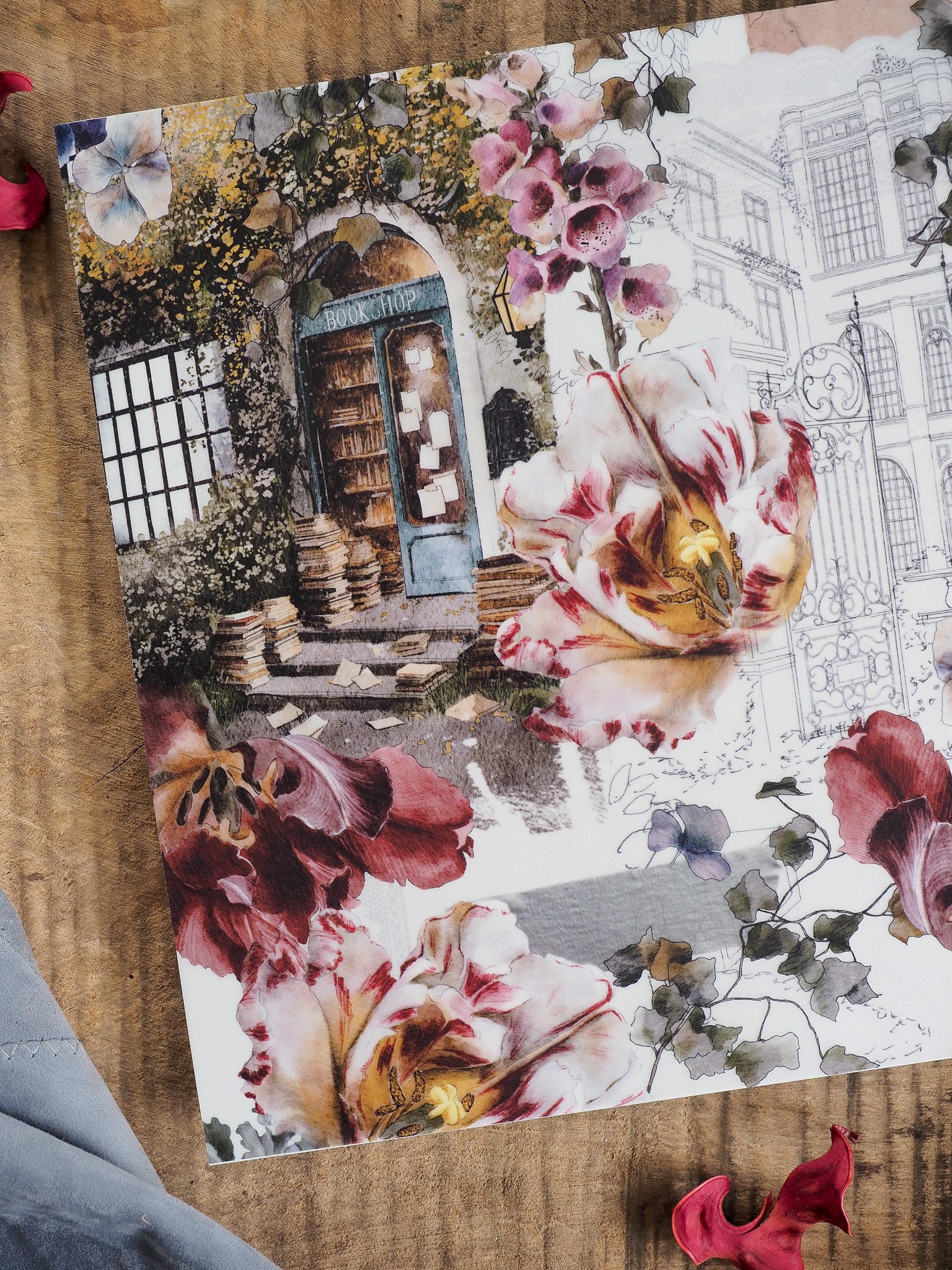 Watercolor collage featuring a rustic bookshop archway, lush peonies, and vintage architectural sketches for a romantic, autumn aesthetic.