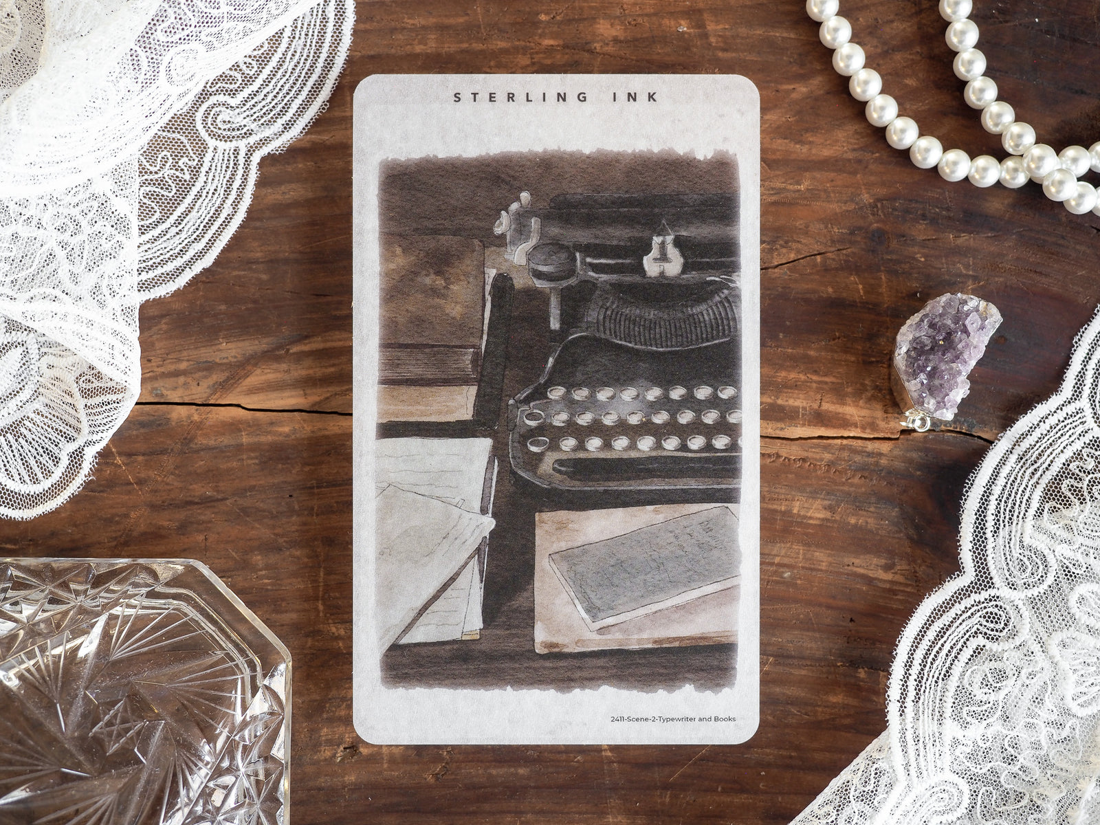 Detailed vintage illustration featuring a typewriter resting on a desk near stacks of books, presented in soft sepia tones for a classic writing theme.