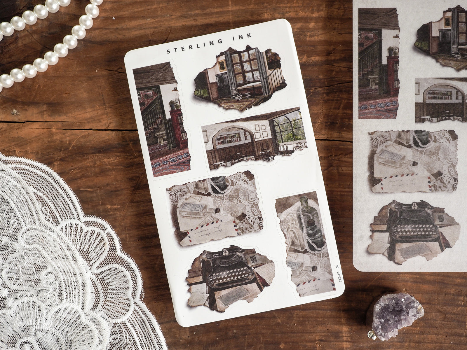 Vintage torn paper sticker sheet featuring distressed ephemera, rustic architectural elements, old photographs, and historic street scenes for crafting.