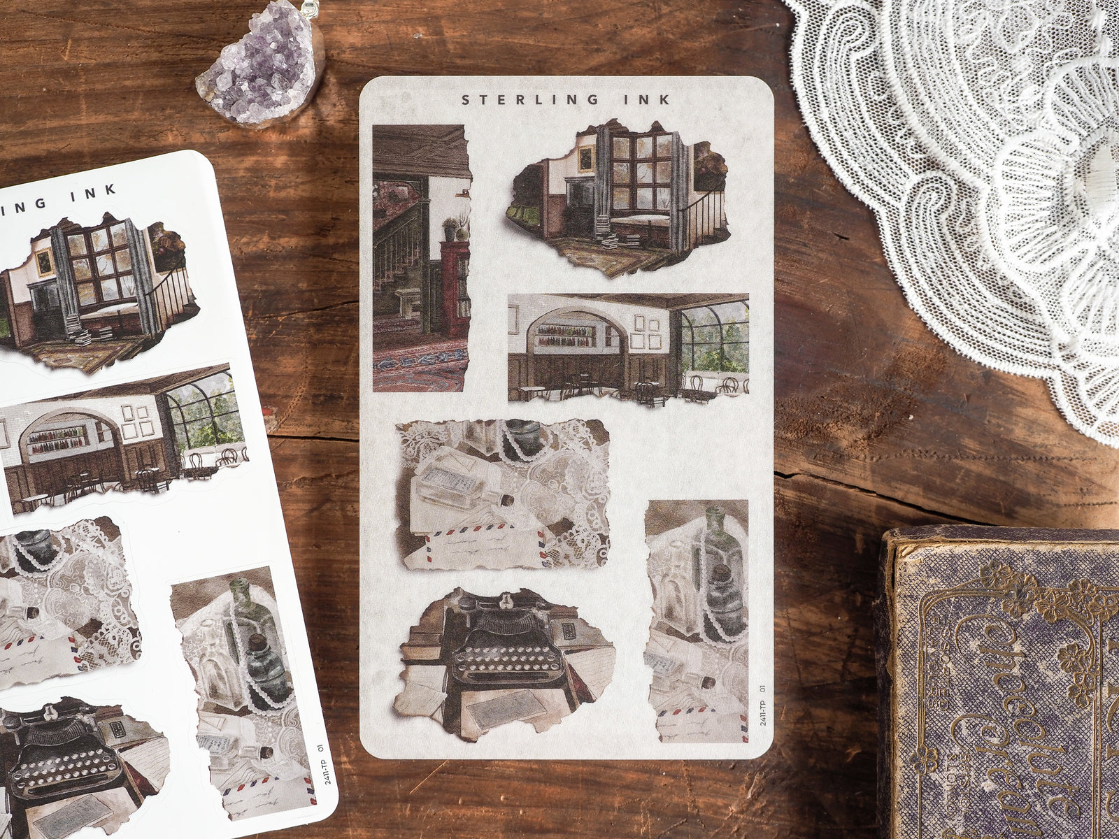 Vintage torn paper stickers featuring distressed, sepia-toned illustrations and detailed architectural sketches, perfect for journaling and scrapbooking.