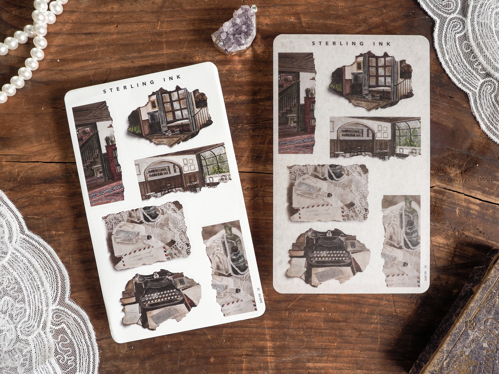 A set of vintage collage sticker elements featuring distressed torn paper, architectural renderings, and retro typography from the Sterling Ink collection.