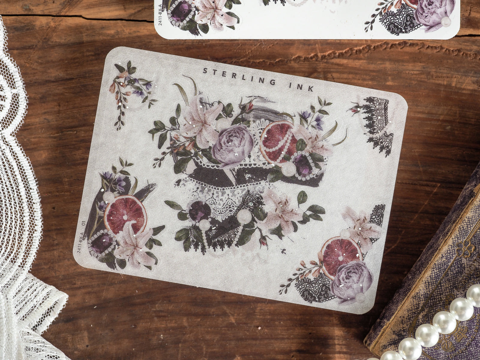 Set of romantic corner stickers decorated with watercolor florals, featuring blush roses, lush foliage, and decorative silver foil edges for journaling and scrapbooking.
