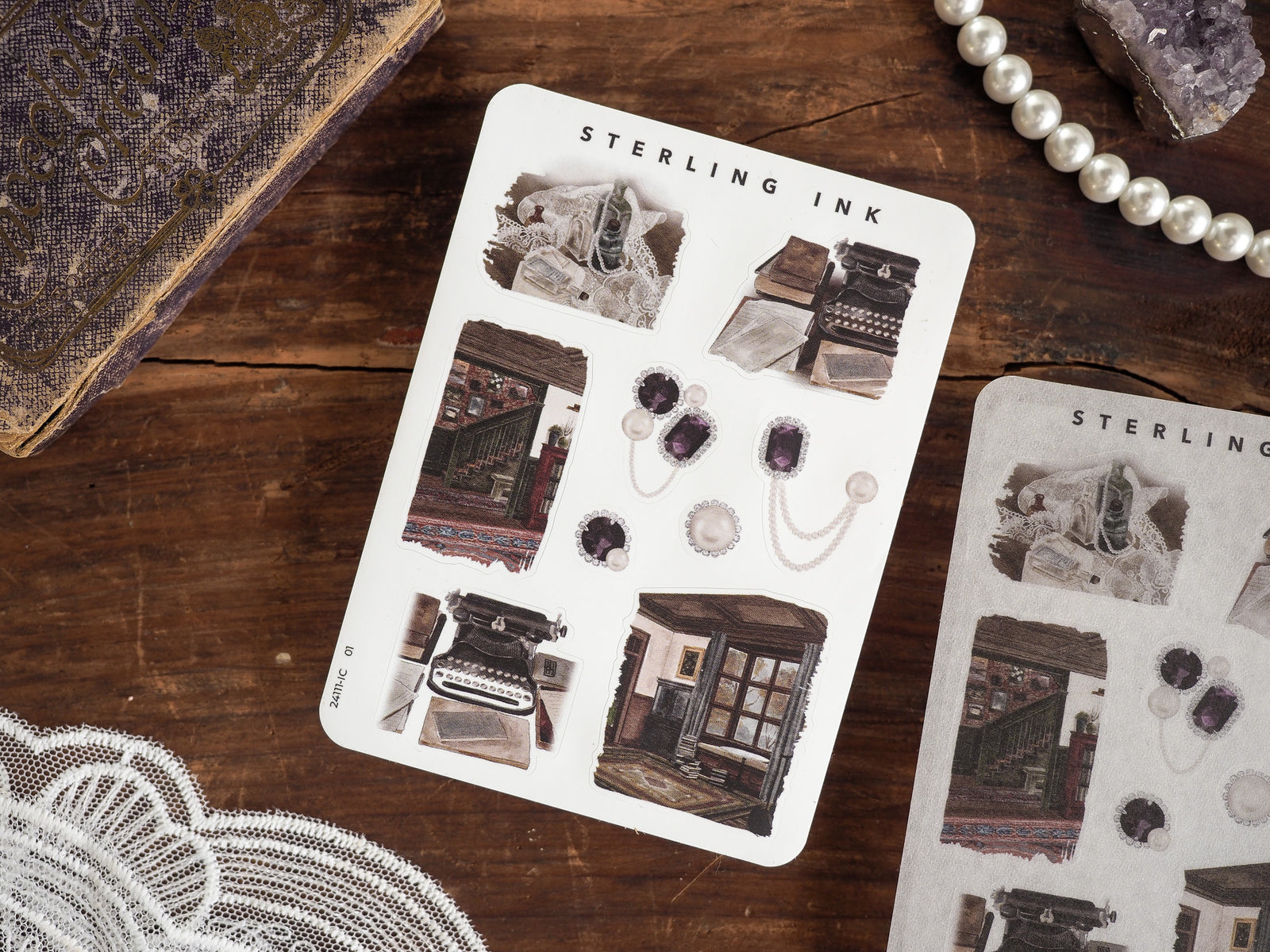 Sticker set featuring vintage "Sterling Ink" themed icons, including antique typewriters, decorative ink pots, and historical architectural sketches.