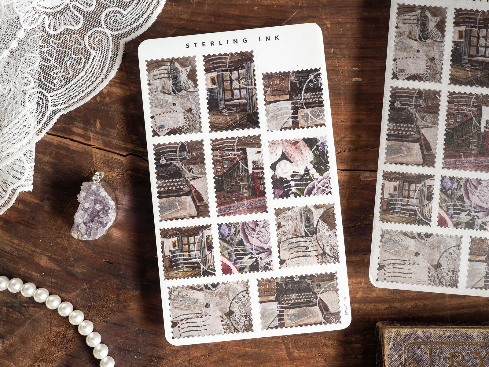 Patterned set of vintage stamp decals featuring muted architectural vignettes and historical sepia-toned images for craft journaling.