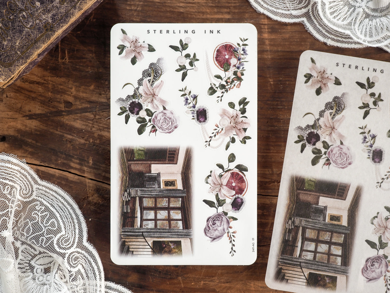 Elegant sticker sheets featuring autumnal floral arrangements with roses and greenery, combined with ornate vintage architectural window designs.