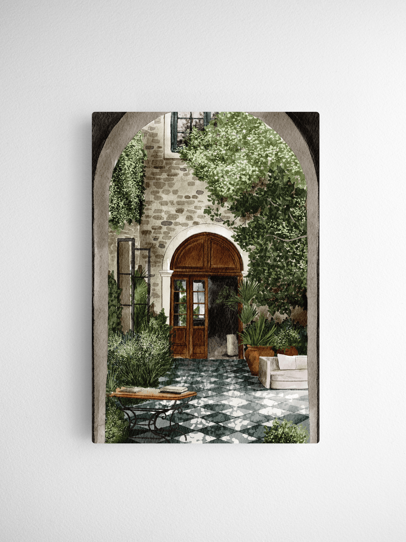 Detailed illustration of a lush courtyard scene featuring a rustic arched entrance, patterned patio tiles, and abundant Mediterranean greenery.