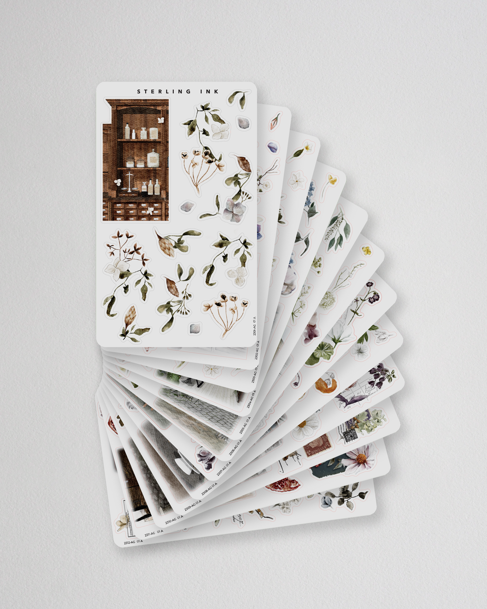 Collection of seasonal botanical arrangement stickers featuring watercolor florals, rustic vignettes, and natural elements for planning and journaling.