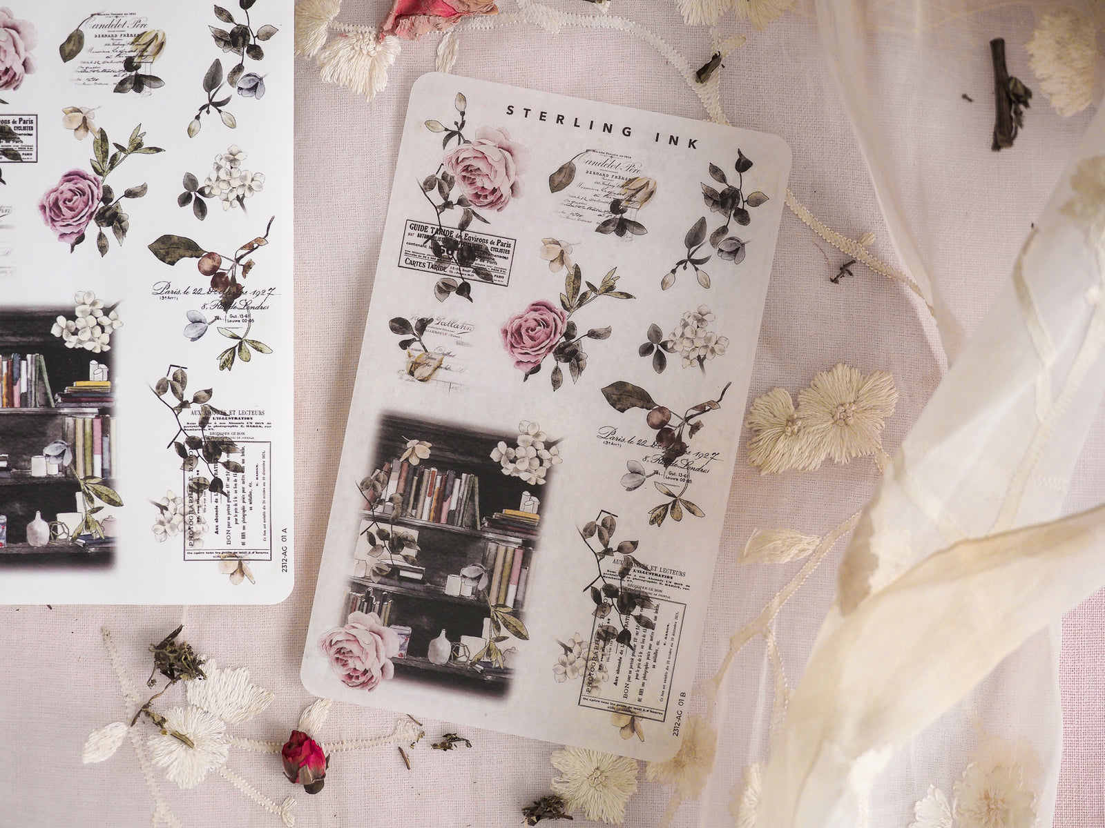 Vintage botanical arrangement sticker sheets featuring muted roses, delicate greenery, and script labels for creative scrapbooking.